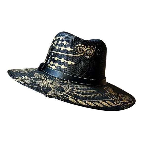 HAT MEXICAN Fiber Hand Painted Fedora Floral Sombrero Panama Bohemian Black Gold - Picture 2 of 12